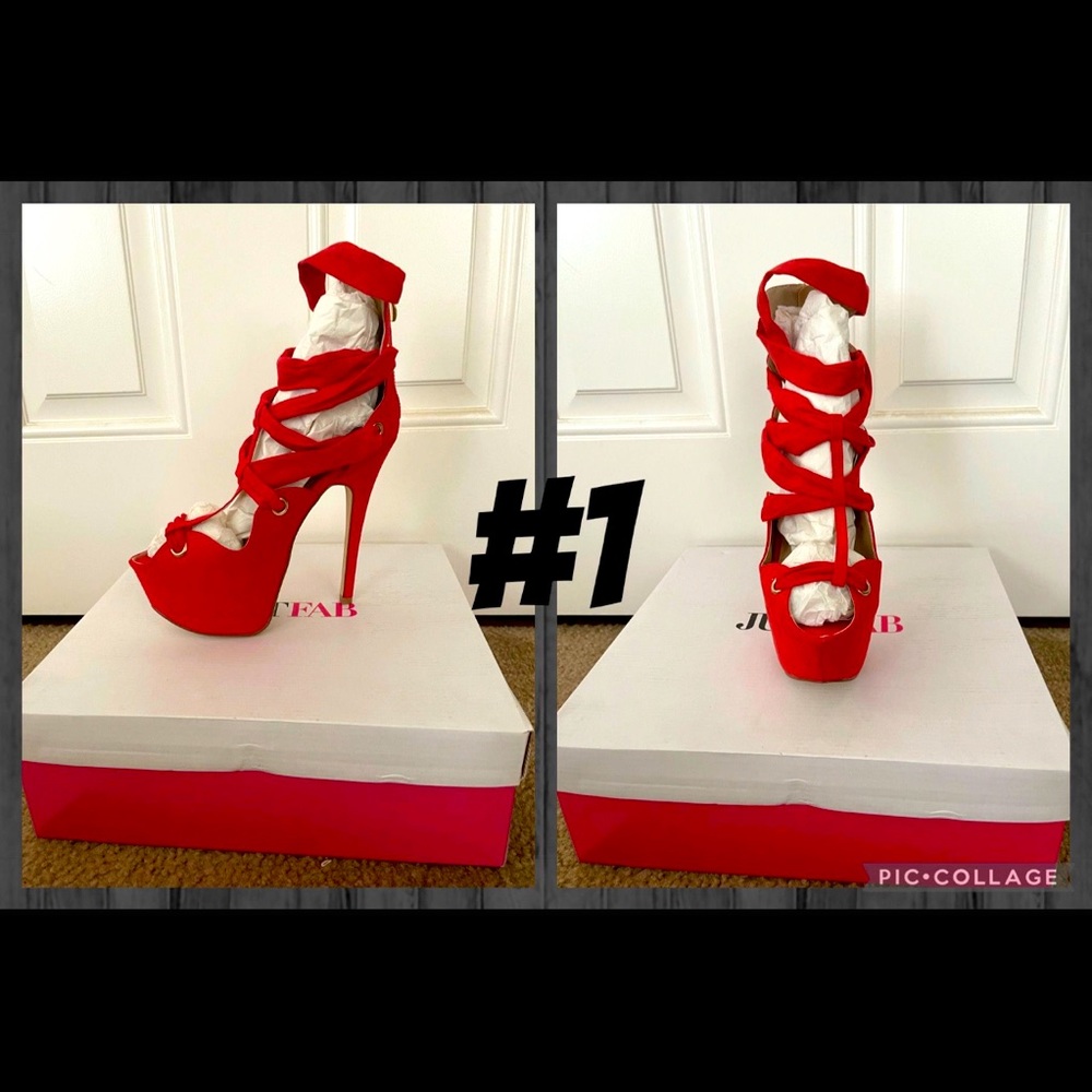 JustFab Ettie Sexy Red Stiletto Strappy Tie Up Heels Sz 7.5